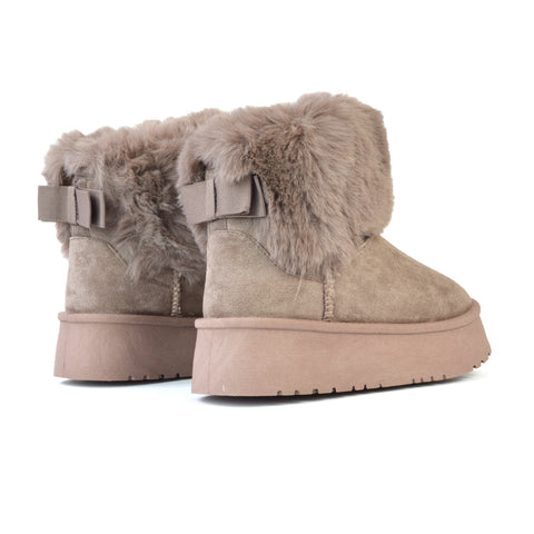 Winnie Platform Faux Fur Ankle Boots with Bow Detailing in Beige