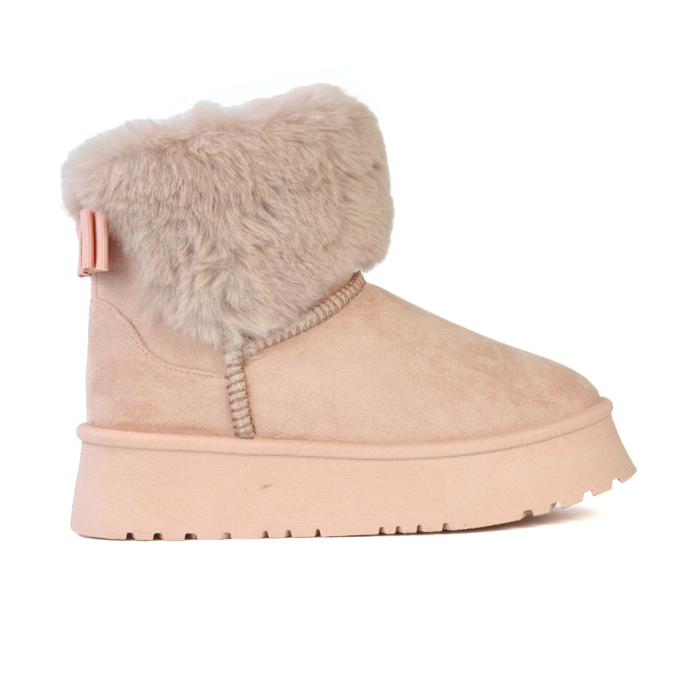 Winnie Platform Faux Fur Ankle Boots with Bow Detailing in Pink