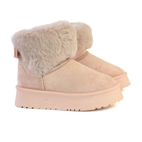 Winnie Platform Faux Fur Ankle Boots with Bow Detailing in Beige