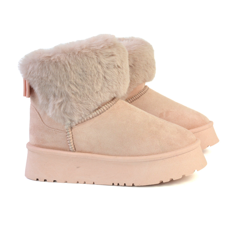 Winnie Platform Faux Fur Ankle Boots with Bow Detailing in Pink