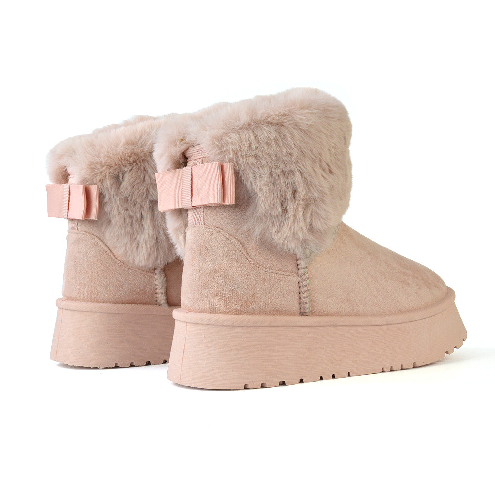 Winnie Platform Faux Fur Ankle Boots with Bow Detailing in Beige