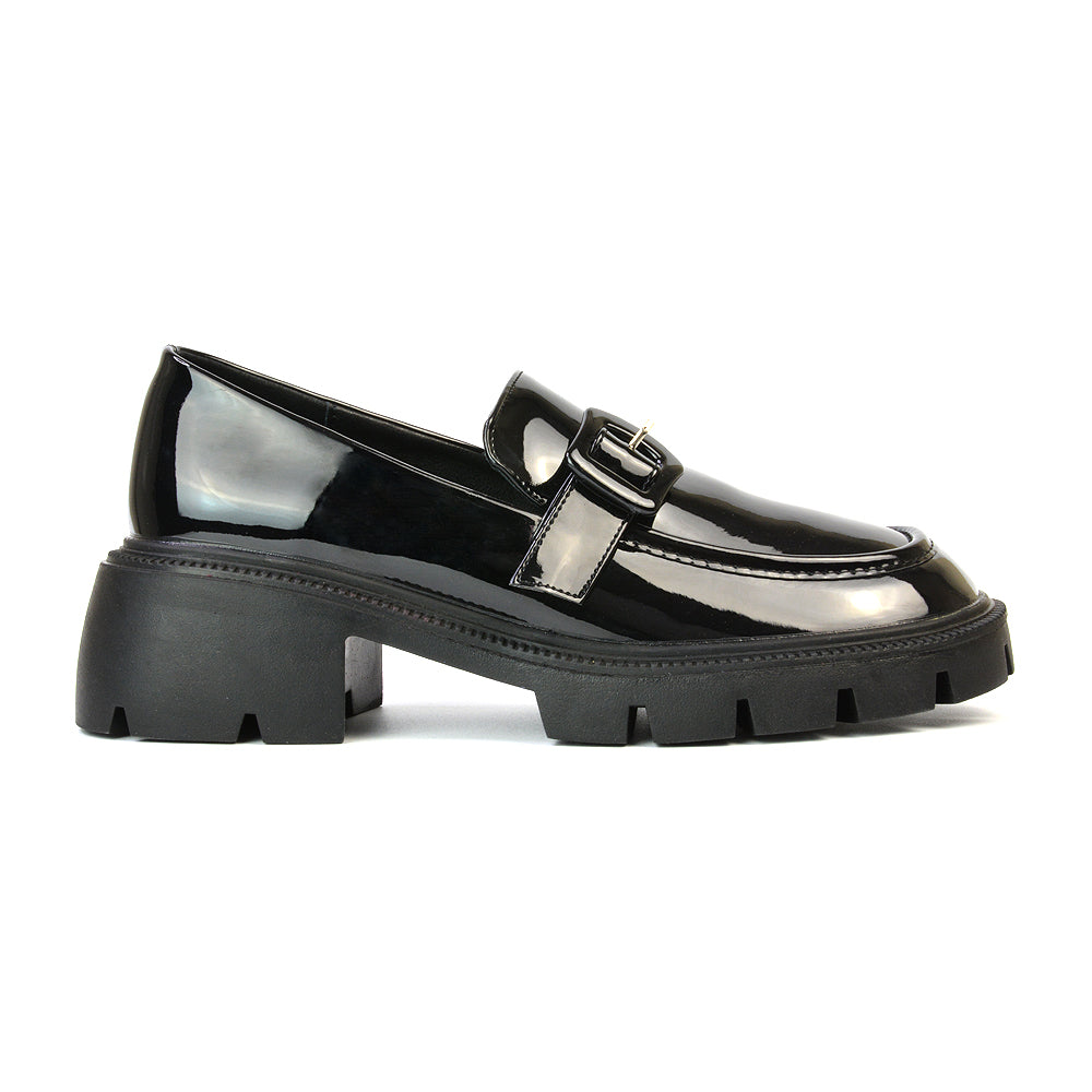 Adelaide School Shoes Buckle Chunky Platform Block Heel Loafers in Black Patent