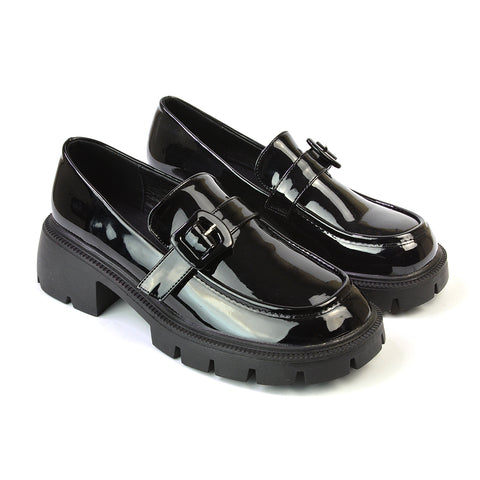 Adelaide School Shoes Buckle Chunky Platform Block Heel Loafers in Black Patent