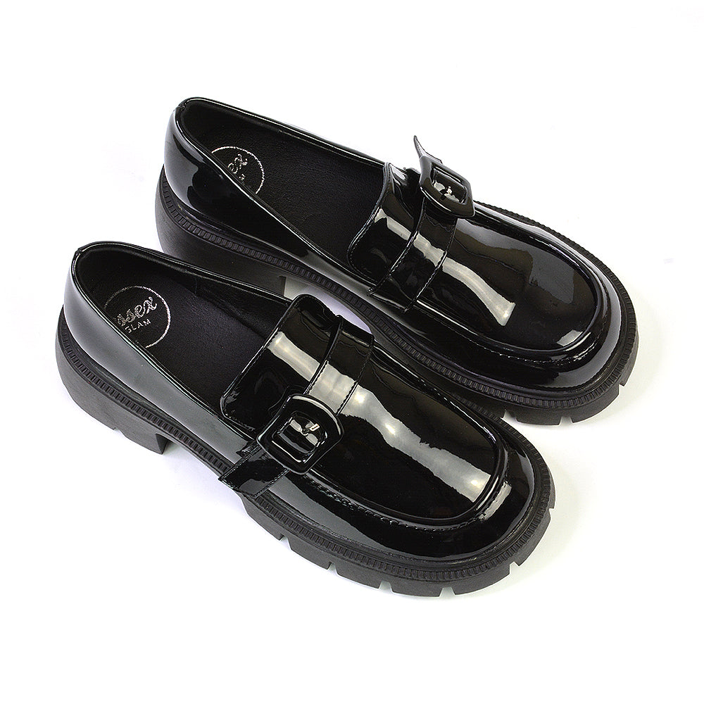 Adelaide School Shoes Buckle Chunky Platform Block Heel Loafers in Black Patent