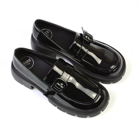 Adelaide School Shoes Buckle Chunky Platform Block Heel Loafers in Black Synthetic Leather