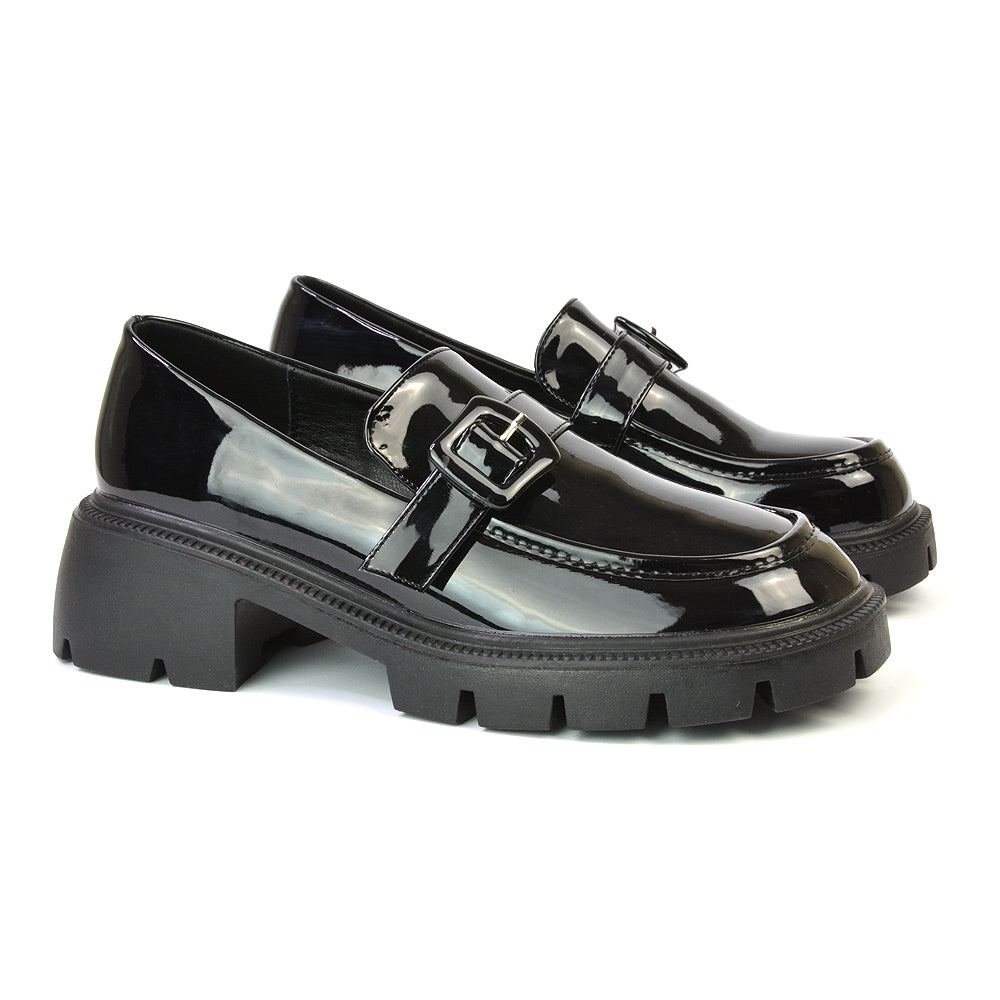 Adelaide School Shoes Buckle Chunky Platform Block Heel Loafers in Black Patent