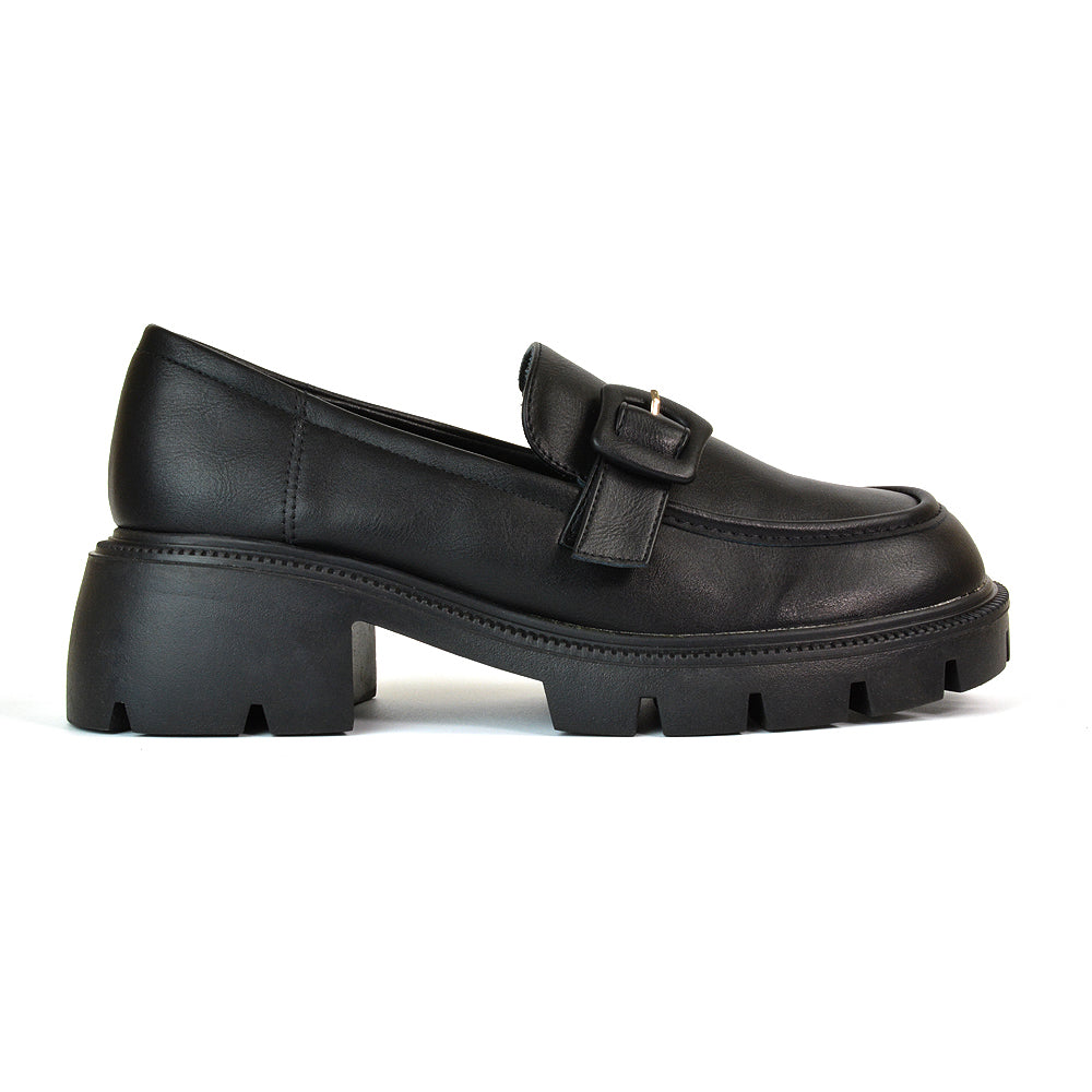 Adelaide School Shoes Buckle Chunky Platform Block Heel Loafers in Black Patent