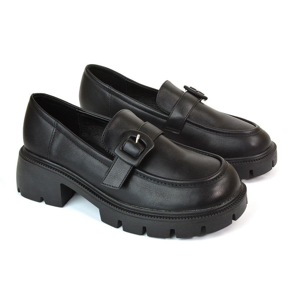 Adelaide School Shoes Buckle Chunky Platform Block Heel Loafers in Black Synthetic Leather