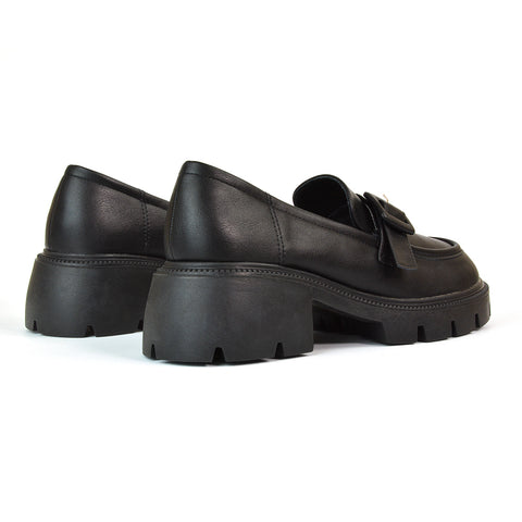 Adelaide School Shoes Buckle Chunky Platform Block Heel Loafers in Black Patent