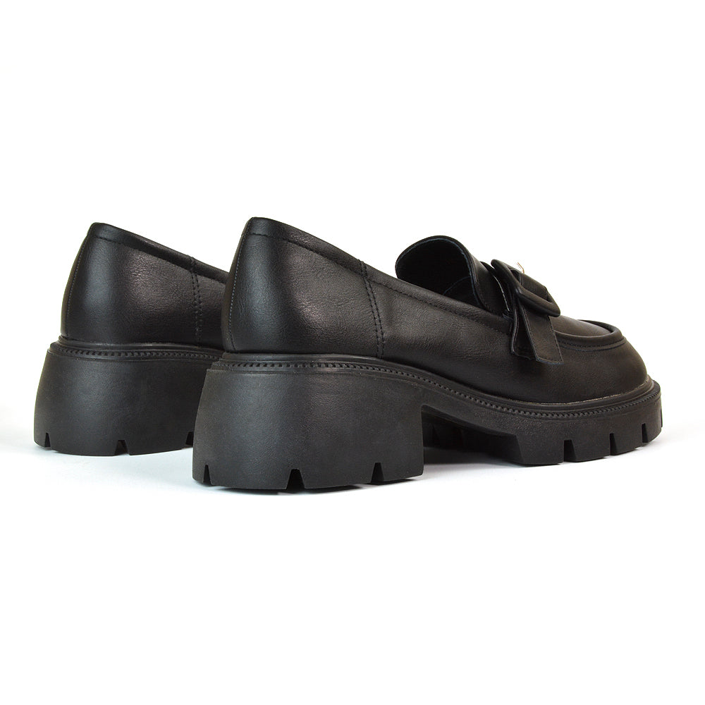 Adelaide School Shoes Buckle Chunky Platform Block Heel Loafers in Brown Patent