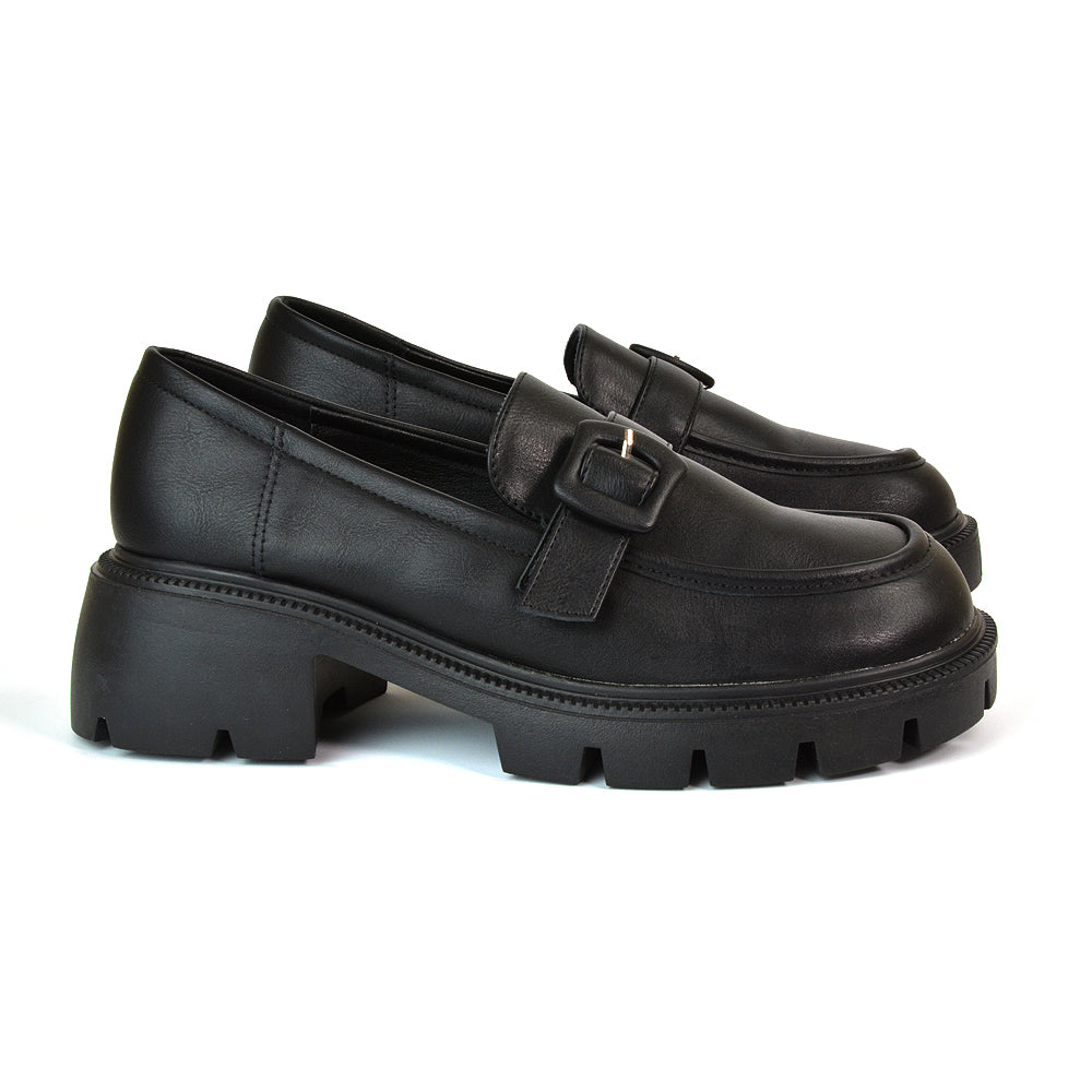 Adelaide School Shoes Buckle Chunky Platform Block Heel Loafers in Black Synthetic Leather