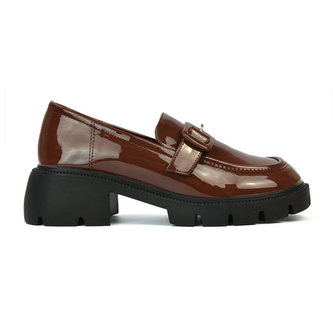 Adelaide School Shoes Buckle Chunky Platform Block Heel Loafers in Brown Patent