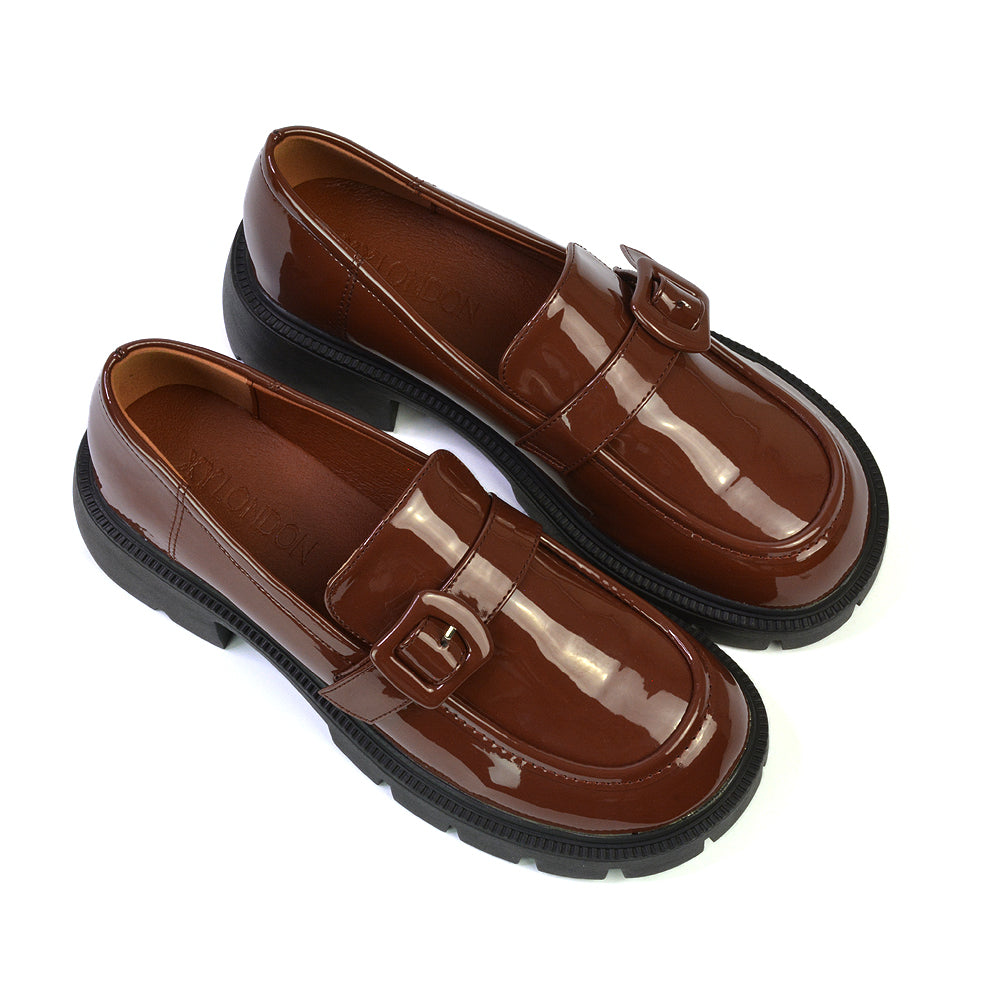 Adelaide School Shoes Buckle Chunky Platform Block Heel Loafers in Brown Patent