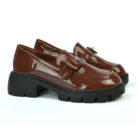 Adelaide School Shoes Buckle Chunky Platform Block Heel Loafers in Black Synthetic Leather