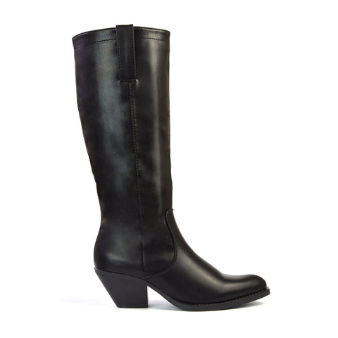 Fleur Western Knee High Cowboy Boots With Block Heel in Black Synthetic Leather