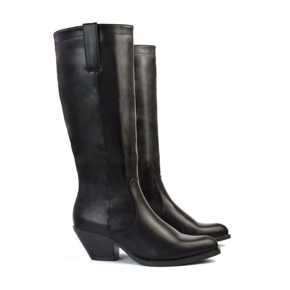Fleur Western Knee High Cowboy Boots With Block Heel in Black Synthetic Leather