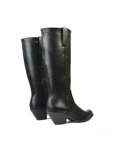 FLEUR WESTERN KNEE HIGH COWBOY BOOTS WITH BLOCK HEEL IN BLACK SYNTHETIC LEATHER