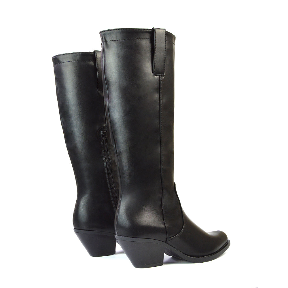 Fleur Western Knee High Cowboy Boots With Block Heel in Black Synthetic Leather