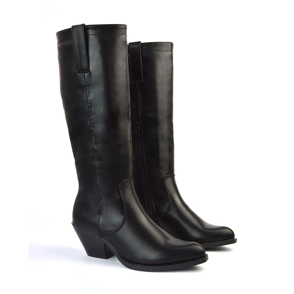 Fleur Western Knee High Cowboy Boots With Block Heel in Black Synthetic Leather