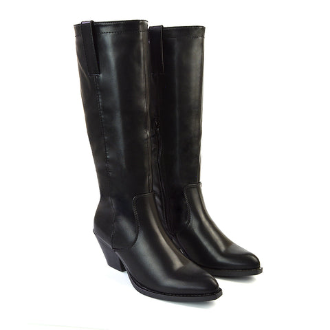 Fleur Western Knee High Cowboy Boots With Block Heel in Black Synthetic Leather