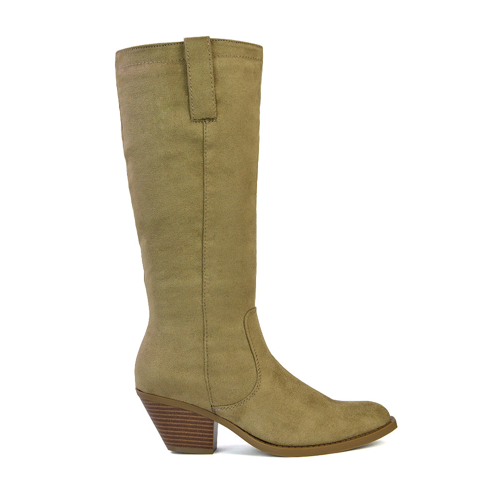 Fleur Western Knee High Cowboy Boots With Block Heel in Stone Faux Suede