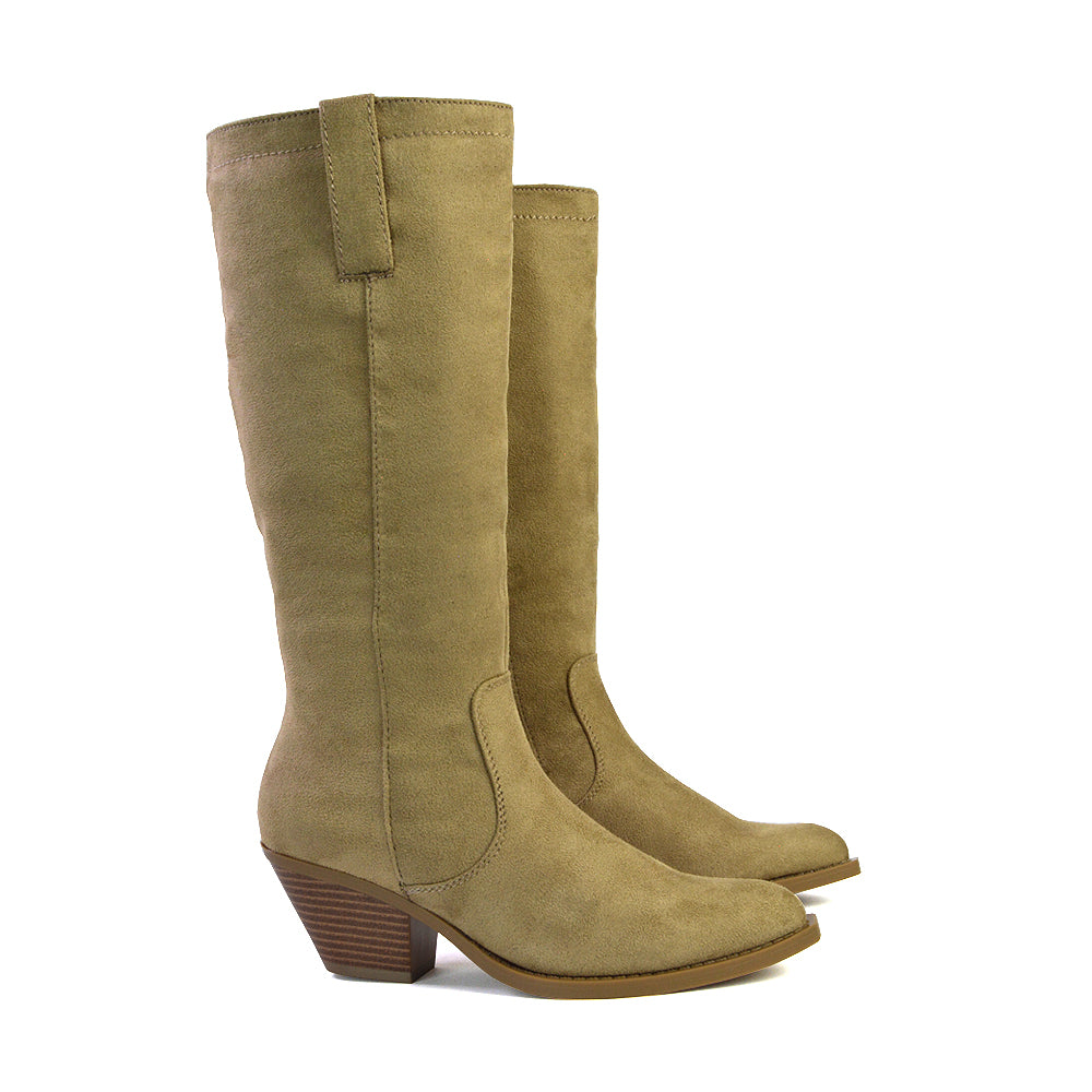 Fleur Western Knee High Cowboy Boots With Block Heel in Stone Faux Suede