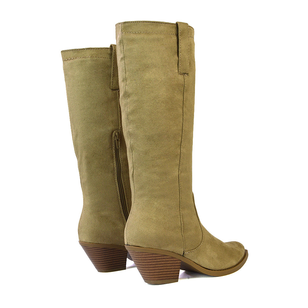 Fleur Western Knee High Cowboy Boots With Block Heel in Stone Faux Suede