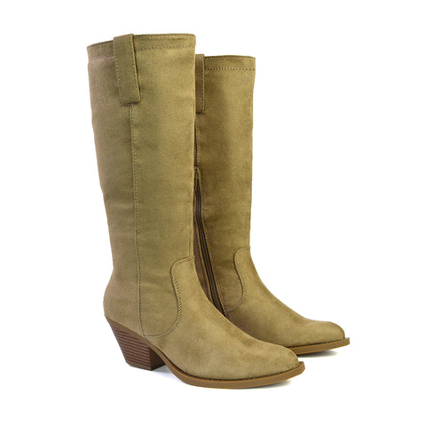 Fleur Western Knee High Cowboy Boots With Block Heel in Stone Faux Suede