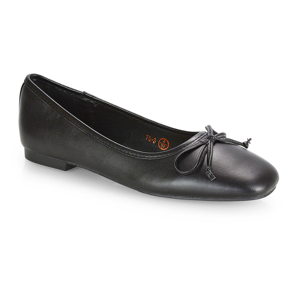 Lizzy Bow Detailing Flat Square Toe Ballerina Pump Shoes in Black PU