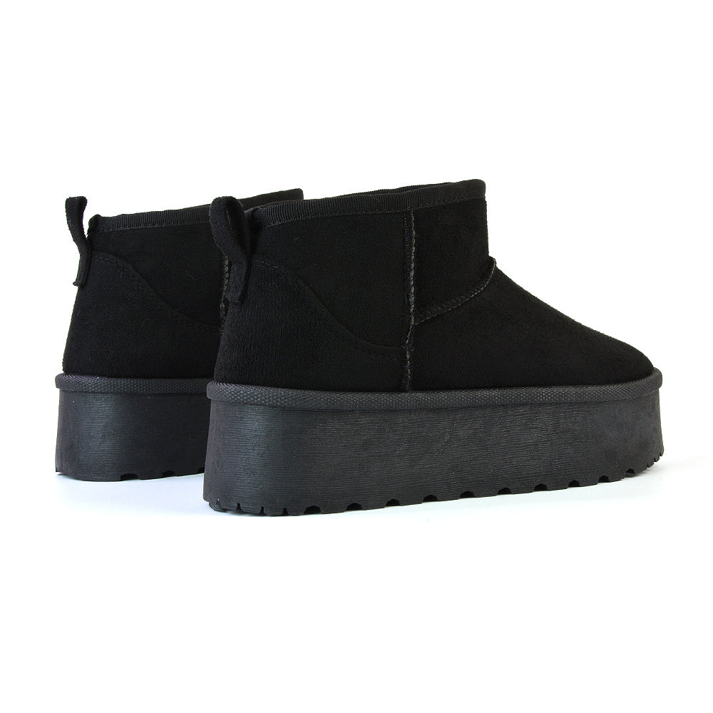 Selina Mini Micro Flatform Micro Faux Fur Ankle Boots in Black