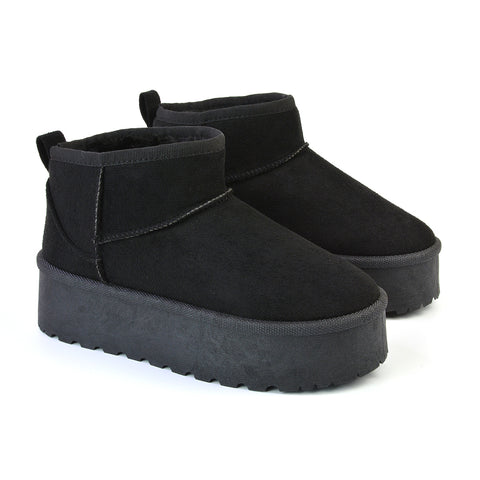 Selina Mini Micro Flatform Micro Faux Fur Ankle Boots in Stone