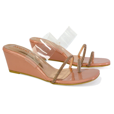 Hayes Perspex Strappy Toe Post Diamante Wedge Heel Sandals in Gold