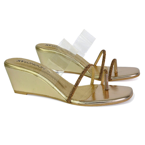 Hayes Perspex Strappy Toe Post Diamante Wedge Heel Sandals in Beige