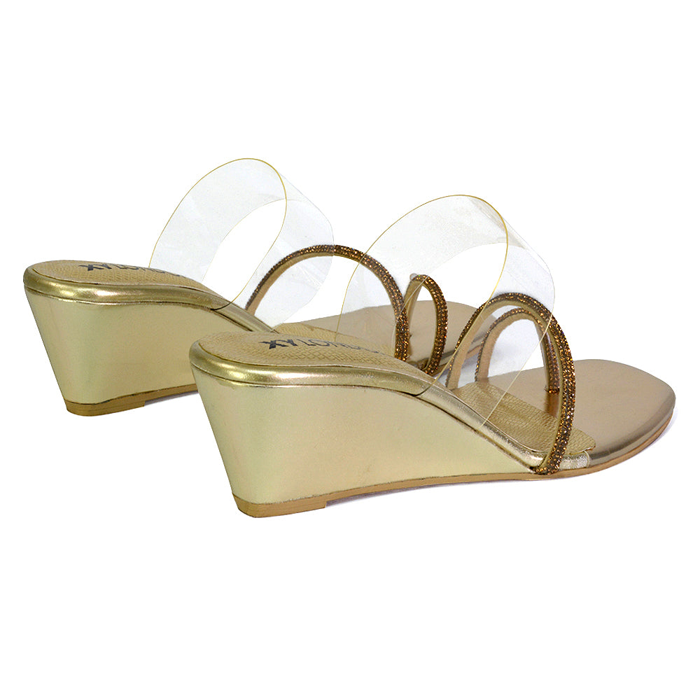 Hayes Perspex Strappy Toe Post Diamante Wedge Heel Sandals in Gold