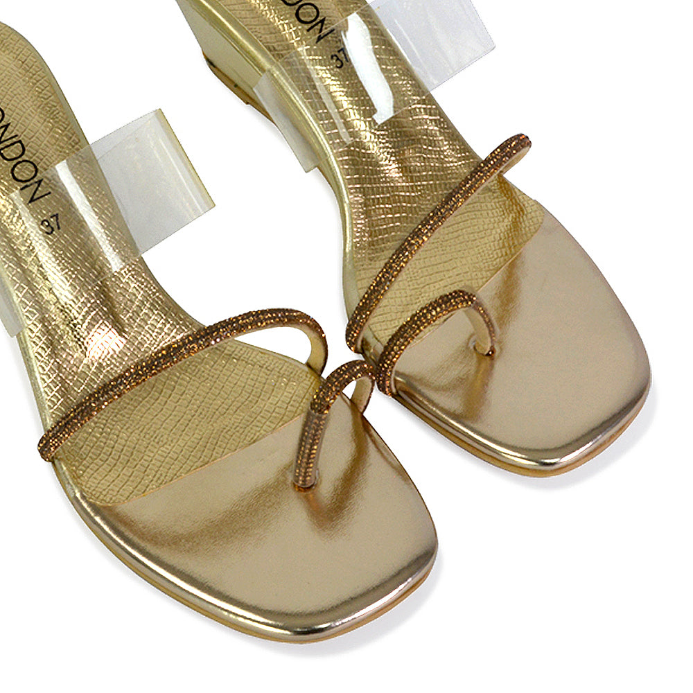 Hayes Perspex Strappy Toe Post Diamante Wedge Heel Sandals in Beige