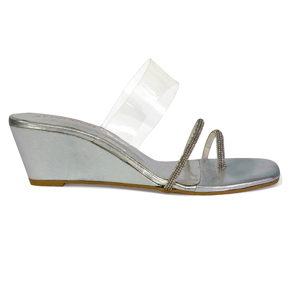 Hayes Perspex Strappy Toe Post Diamante Wedge Heel Sandals in Silver