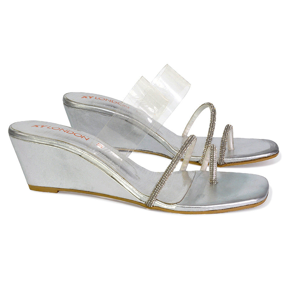 Hayes Perspex Strappy Toe Post Diamante Wedge Heel Sandals in Beige