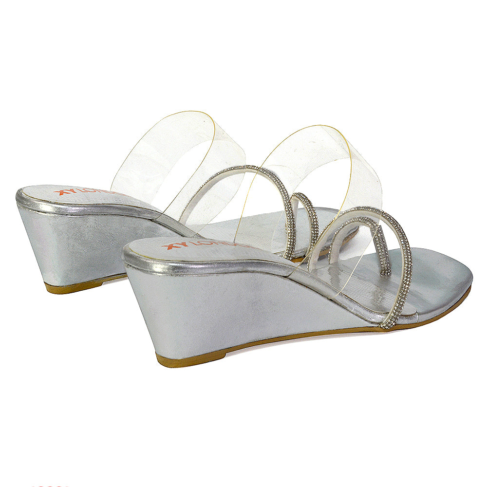 Hayes Perspex Strappy Toe Post Diamante Wedge Heel Sandals in Beige