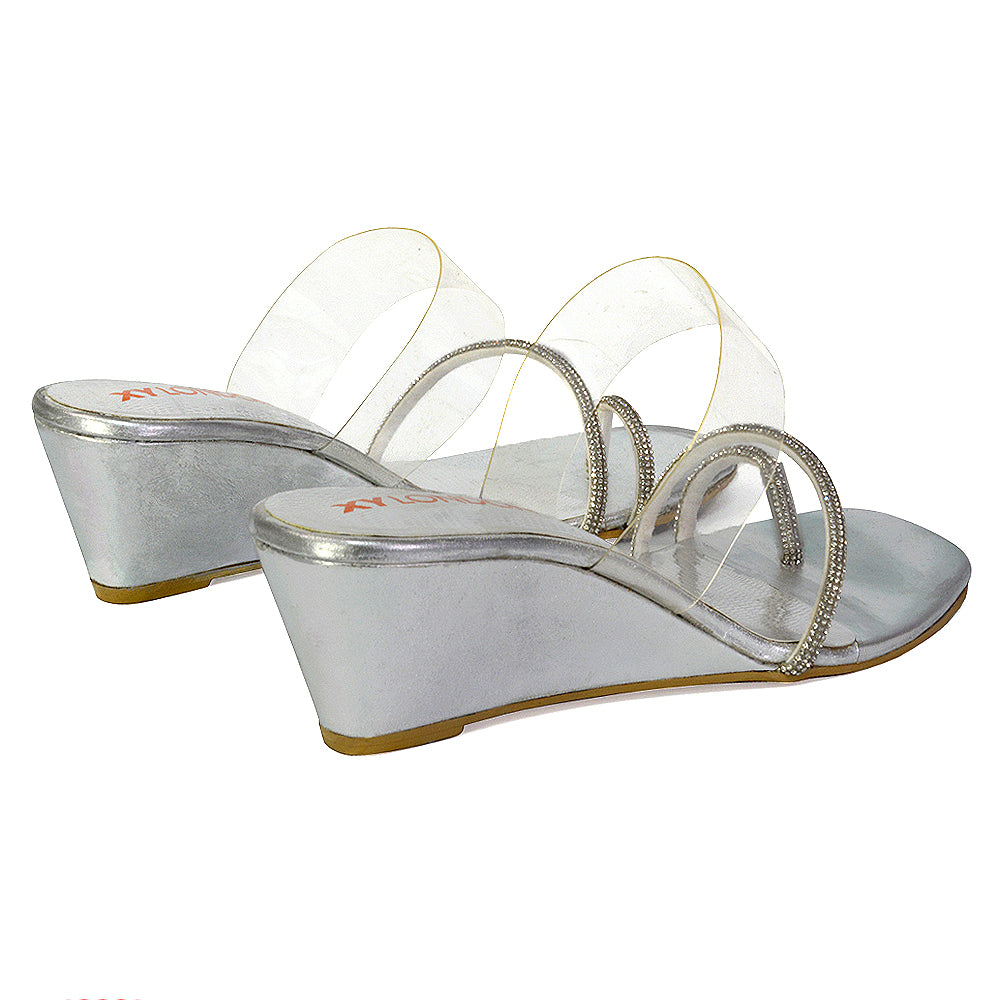 Hayes Perspex Strappy Toe Post Diamante Wedge Heel Sandals in Gold