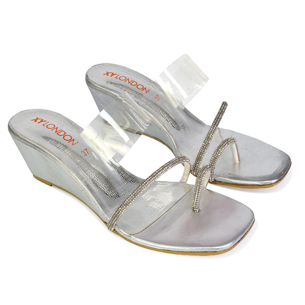 Hayes Perspex Strappy Toe Post Diamante Wedge Heel Sandals in Silver