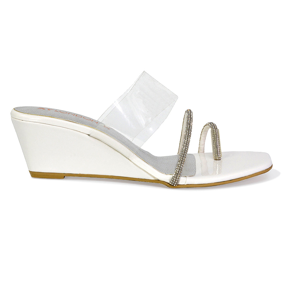 Hayes Perspex Strappy Toe Post Diamante Wedge Heel Sandals in Gold