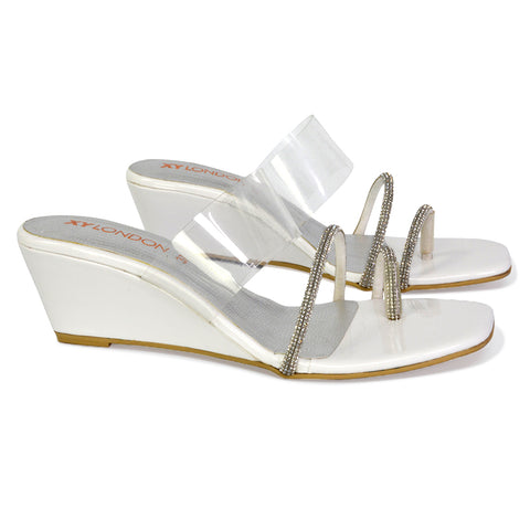 Hayes Perspex Strappy Toe Post Diamante Wedge Heel Sandals in White