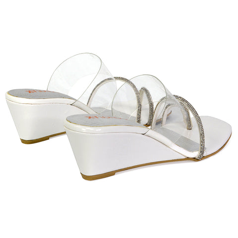 Hayes Perspex Strappy Toe Post Diamante Wedge Heel Sandals in White