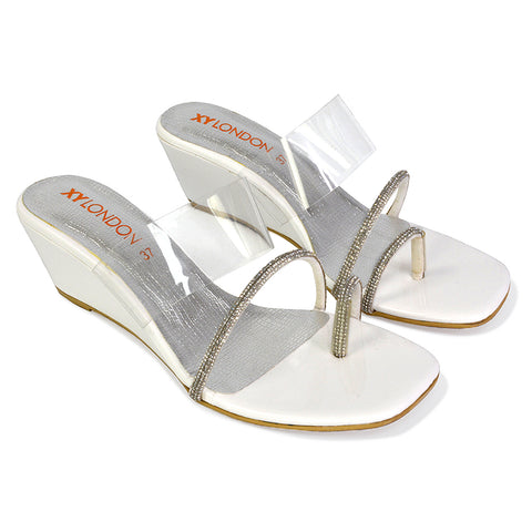 Hayes Perspex Strappy Toe Post Diamante Wedge Heel Sandals in Beige