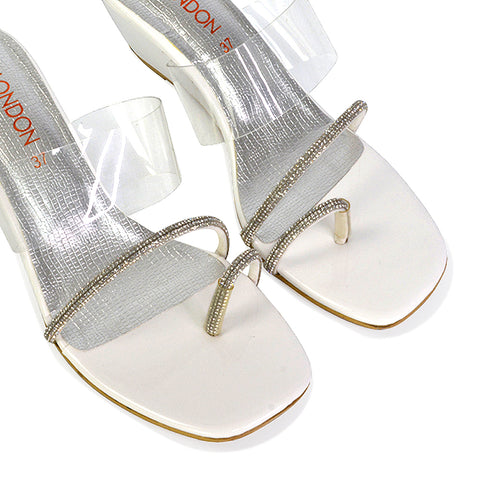 Hayes Perspex Strappy Toe Post Diamante Wedge Heel Sandals in Silver