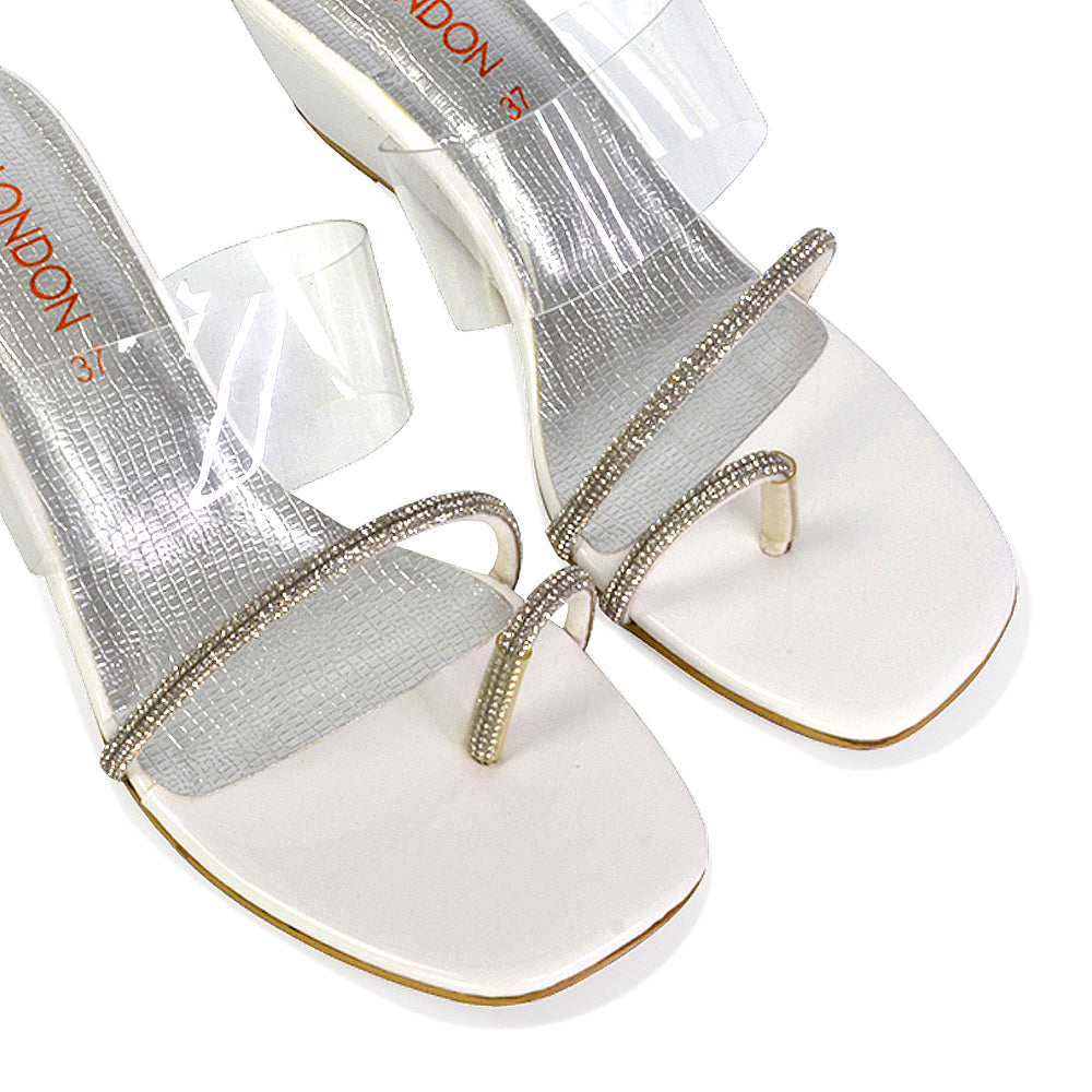 Hayes Perspex Strappy Toe Post Diamante Wedge Heel Sandals in White