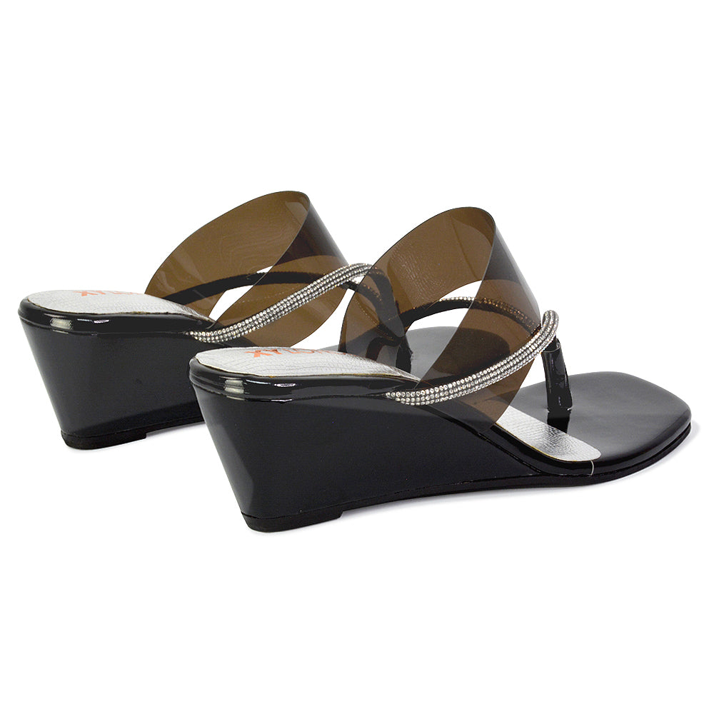 Mirabel Square Toe Post Perspex Wedge Heel Diamante Sandals in Black