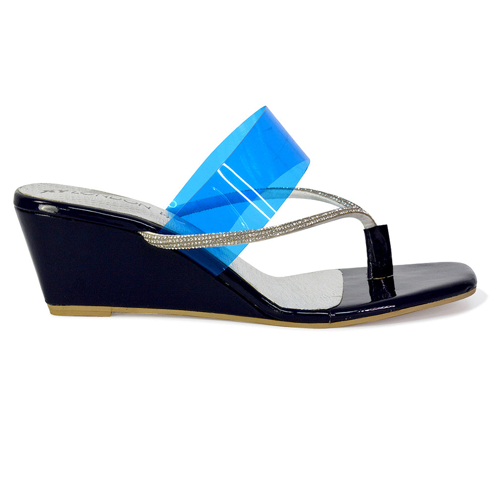 Mirabel Square Toe Post Perspex Wedge Heel Diamante Sandals in Black
