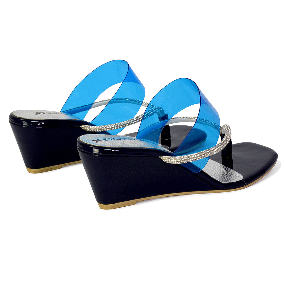 Mirabel Square Toe Post Perspex Wedge Heel Diamante Sandals in Blue