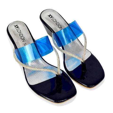 Mirabel Square Toe Post Perspex Wedge Heel Diamante Sandals in Blue